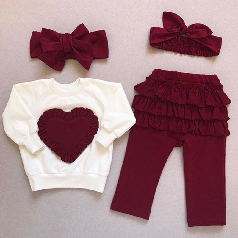 Little Girl Heart-shaped Long-sleeved T-shirt 3pc Set
