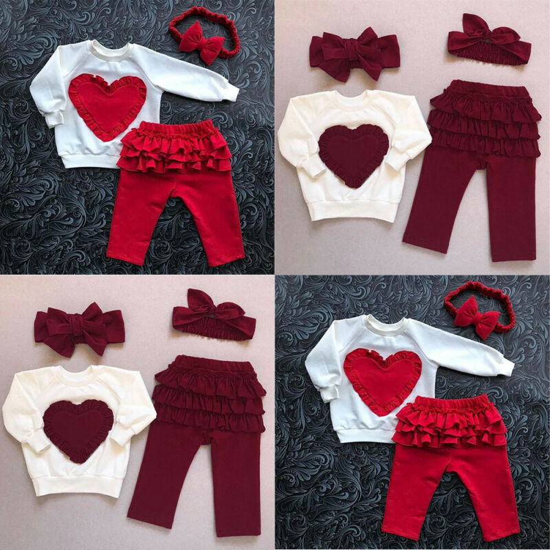 Little Girl Heart-shaped Long-sleeved T-shirt 3pc Set