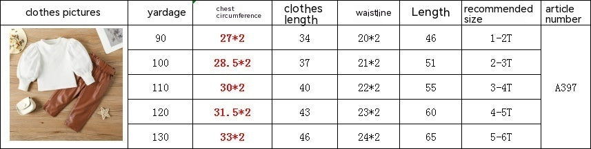 Children's Toddler Girls' Fashion Puff Sleeve Straight Leather Pants Including Belt Autumn & Winter 2pc Suit