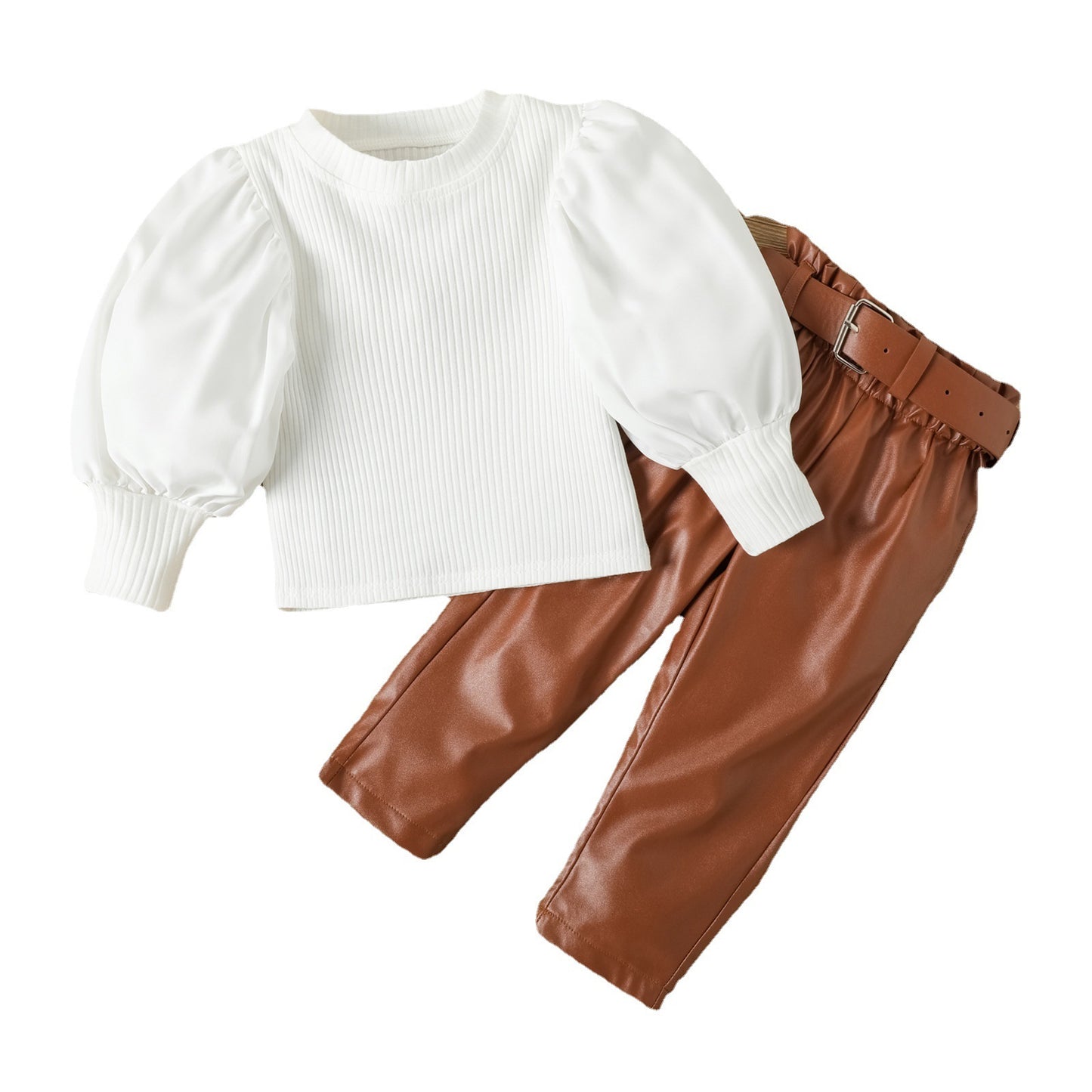 Children's Toddler Girls' Fashion Puff Sleeve Straight Leather Pants Including Belt Autumn & Winter 2pc Suit
