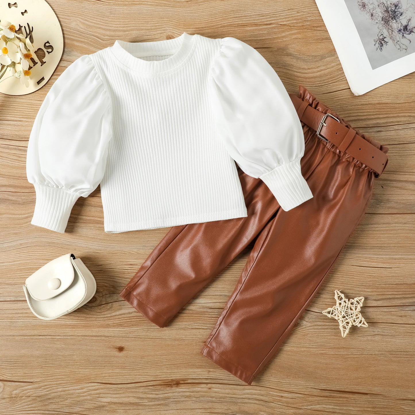 Children's Toddler Girls' Fashion Puff Sleeve Straight Leather Pants Including Belt Autumn & Winter 2pc Suit