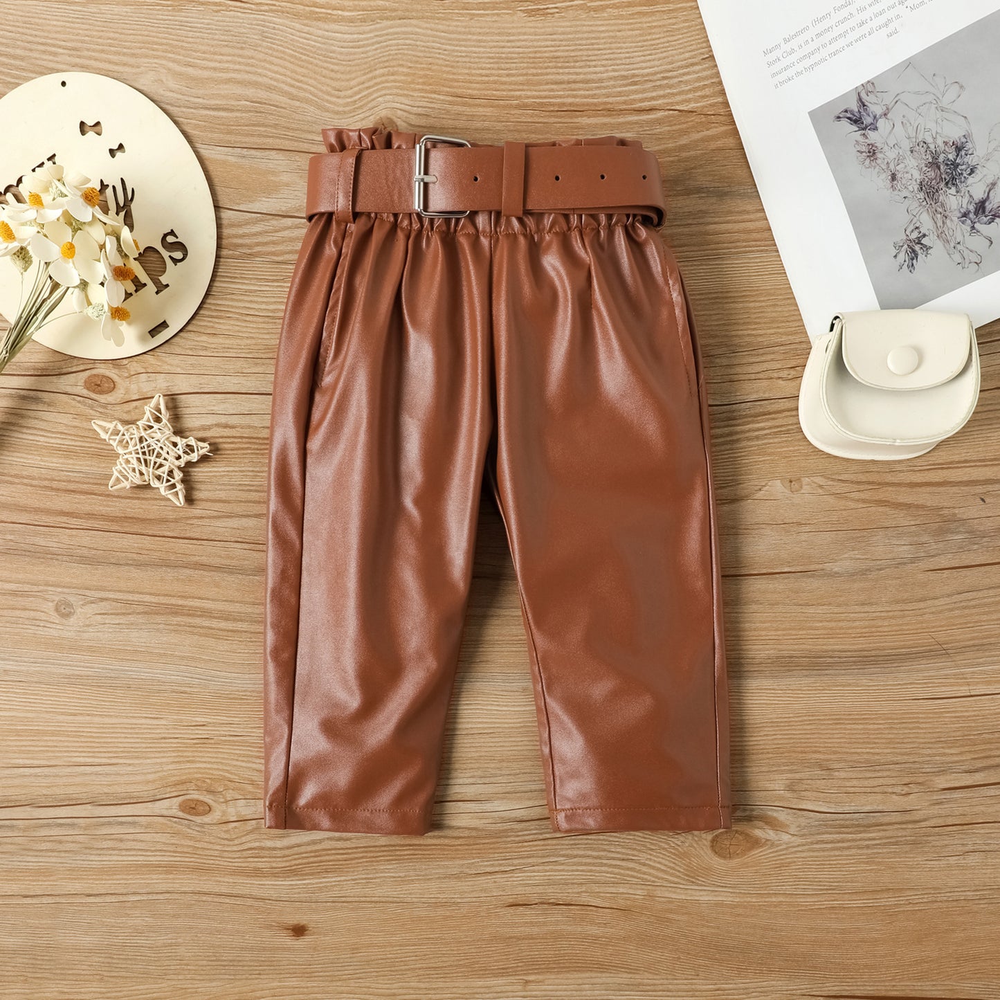 Children's Toddler Girls' Fashion Puff Sleeve Straight Leather Pants Including Belt Autumn & Winter 2pc Suit