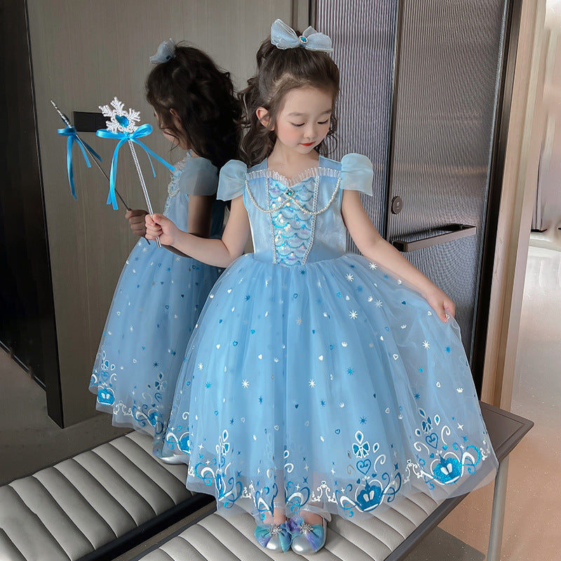 Girls' Elsa Cosplay Dress, Short-sleeved Puff Sleeve Dress, Theme Party Dress