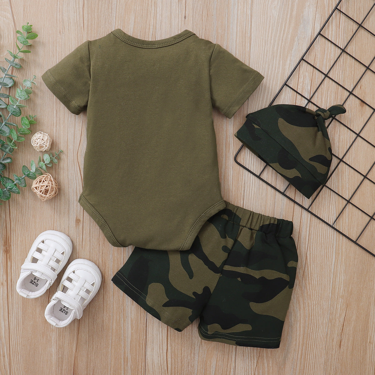 Baby/Toddler Printed Short Sleeved, Onesie Camouflage Shorts & Hat, 3pc Set For Boys