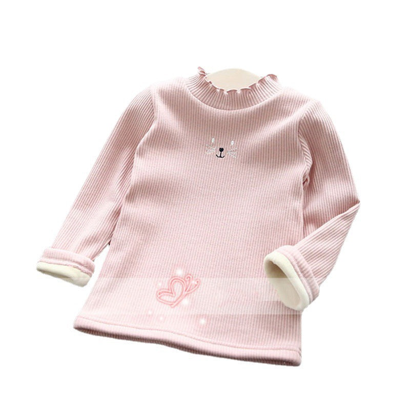 Girls' Fleece-lined Wooden Ear Thickened Thermal Shirt