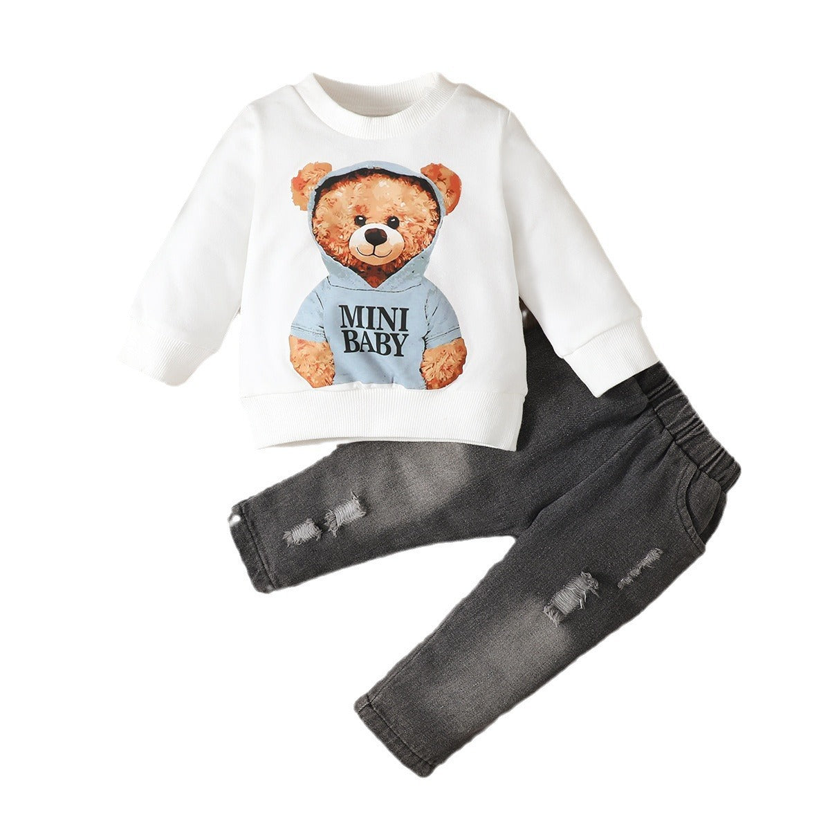 Baby Boys' Bear Print Long Sleeve Pullover And Denim Trousers Suit