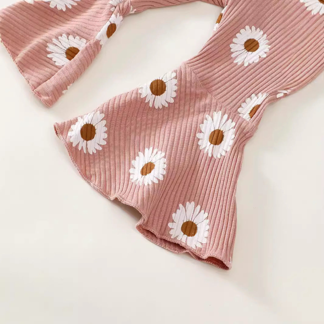 Baby Girl Long Sleeve Sunken Stripe Top Flower Print Two-piece Set