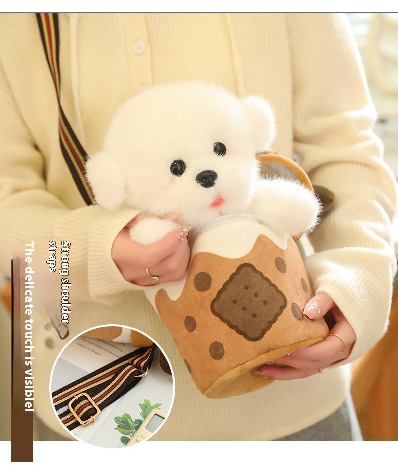 Milky Tea Cup Dog Crossbody Shoulder Bag Doll Plush Toy