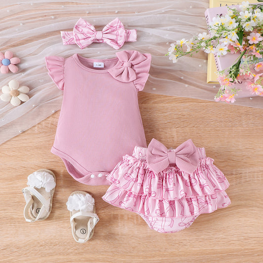 Baby Flutter-sleeve Romper Printed Shorts Set