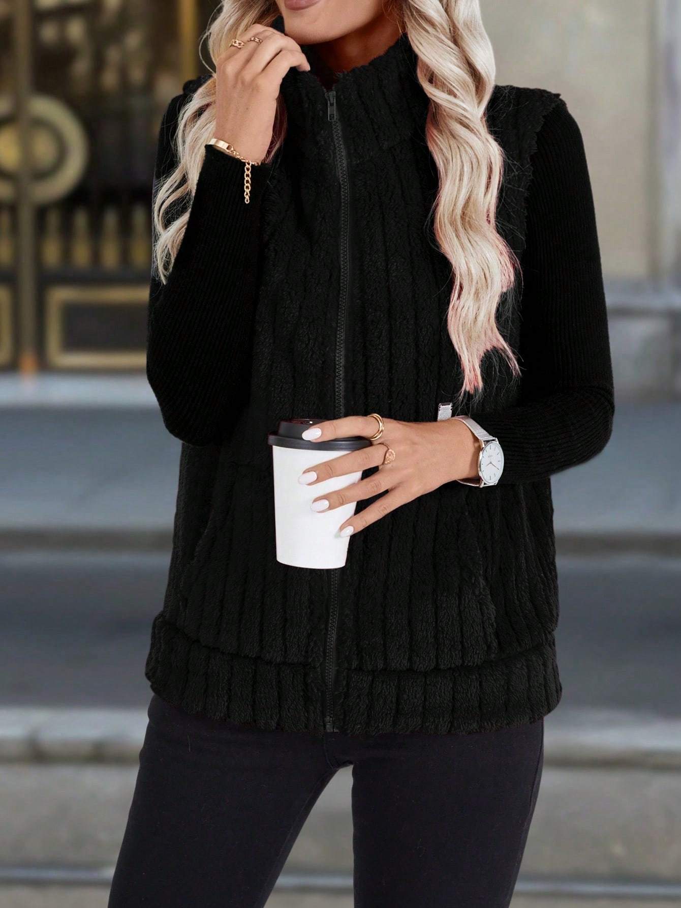 Autumn And Winter Women's Casual Zipper Stand Up Collar Vest Jacket