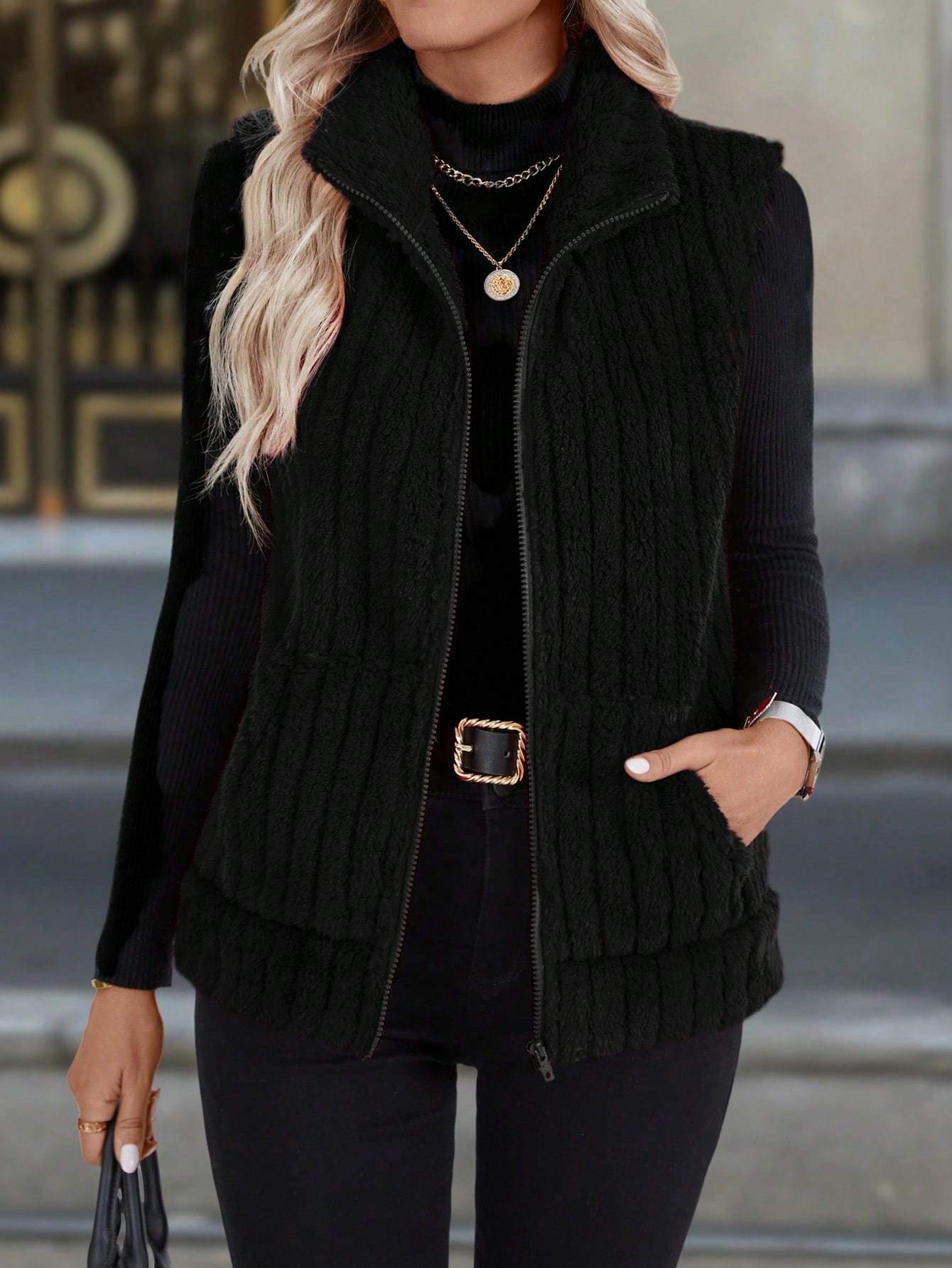 Autumn And Winter Women's Casual Zipper Stand Up Collar Vest Jacket