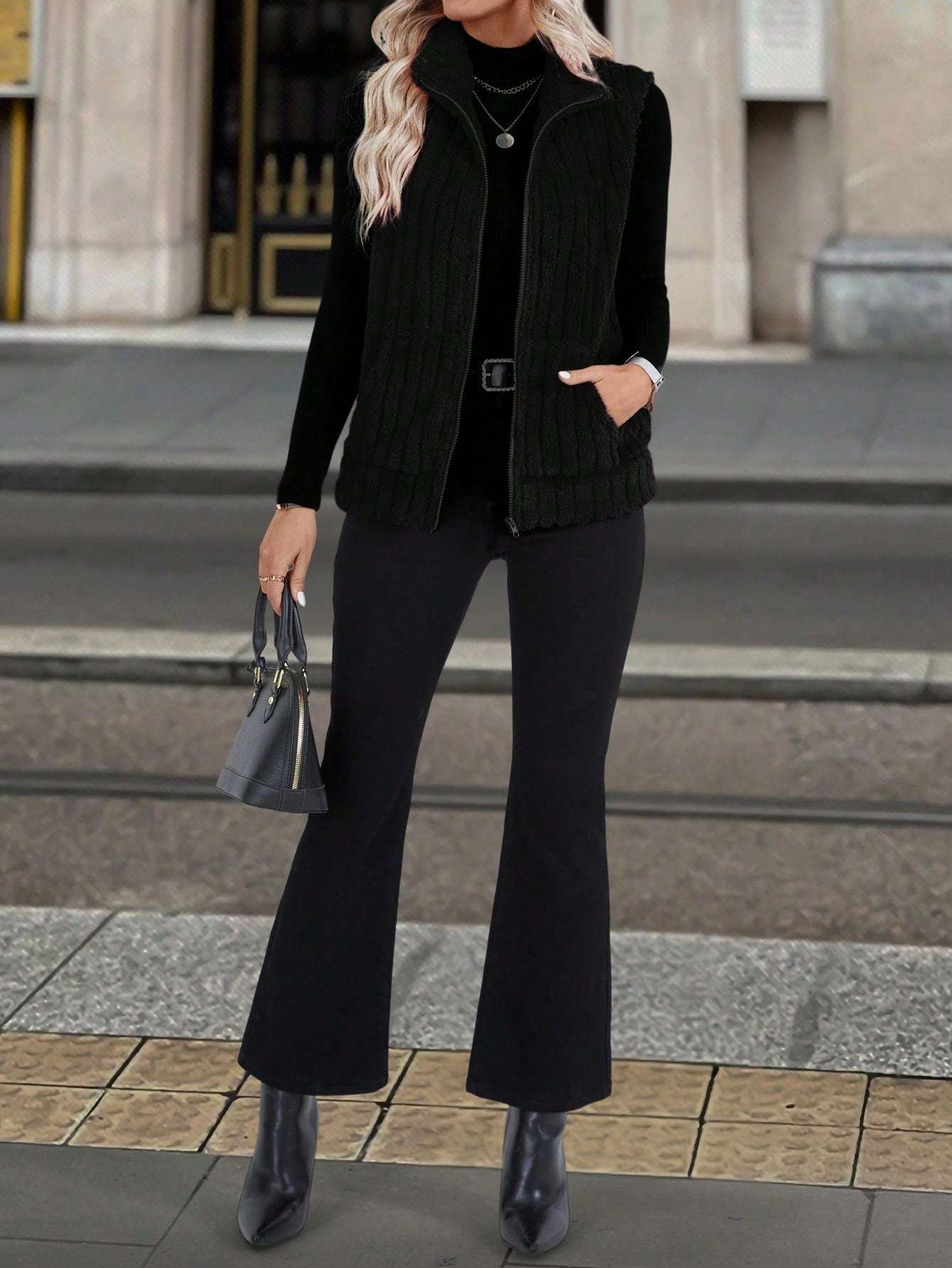 Autumn And Winter Women's Casual Zipper Stand Up Collar Vest Jacket