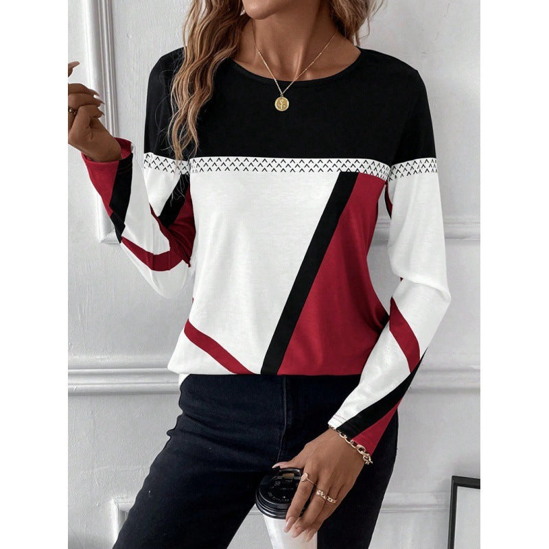 Pullover Round Neck Contrast Colour Stitching Geometric Print Top