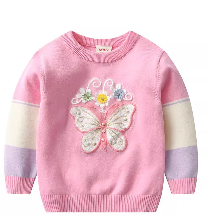 Girl's Butterfly Sweater, Children's Cotton Base Sweatshirt