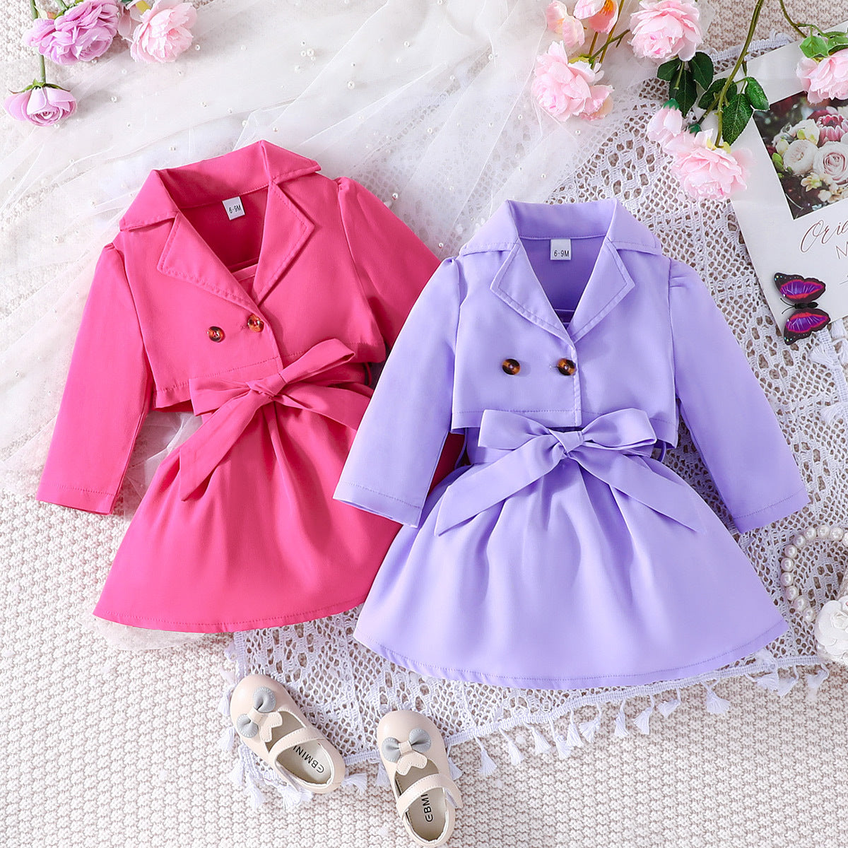 Baby/Toddler/Girl Jacket With Solid Color Sleeveless Dress 2pc Suit