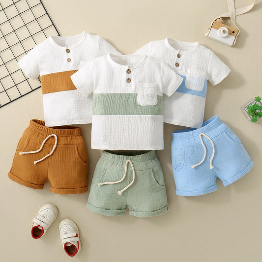 Baby Boy Colour Block Patchwork Top Shorts 2pc Set