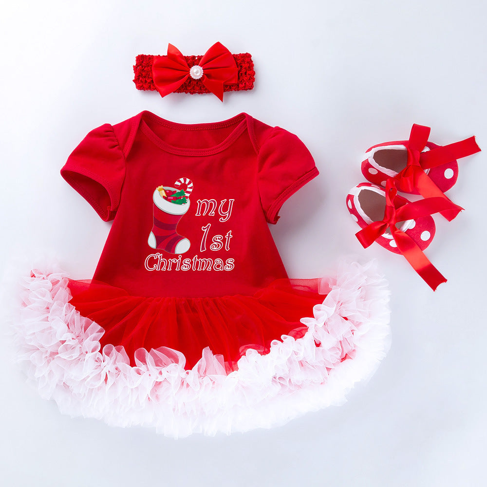 Baby Christmas Short-sleeved, Cartoon Mesh Dress, Headband Two-piece