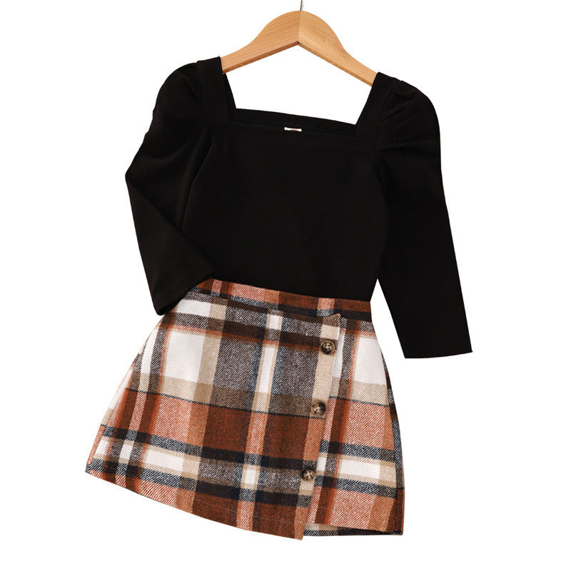 Girls' Long Sleeve Plaid Print Skirt 2pc Set