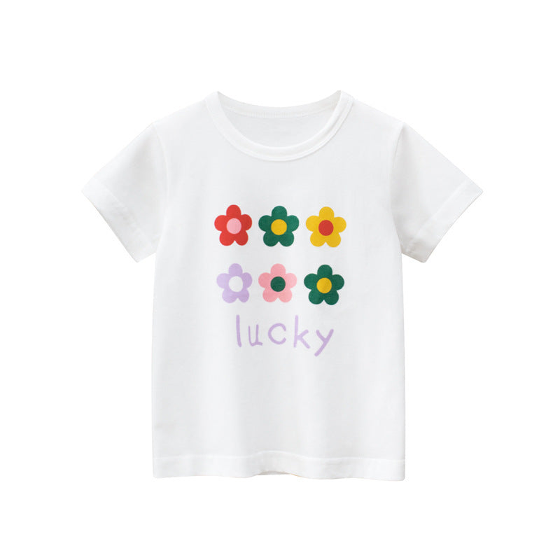 Short-sleeved T-shirt For Girls, Flower Print Top