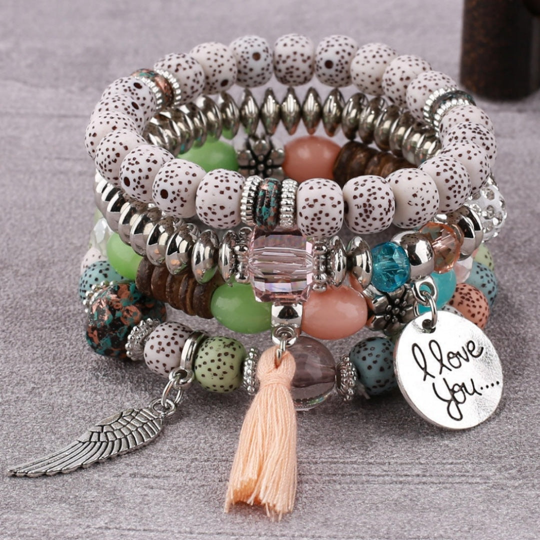 Multilayer Color-Block Turquoise Bracelet With Leaf Alloy Tassel 4-Piece Set