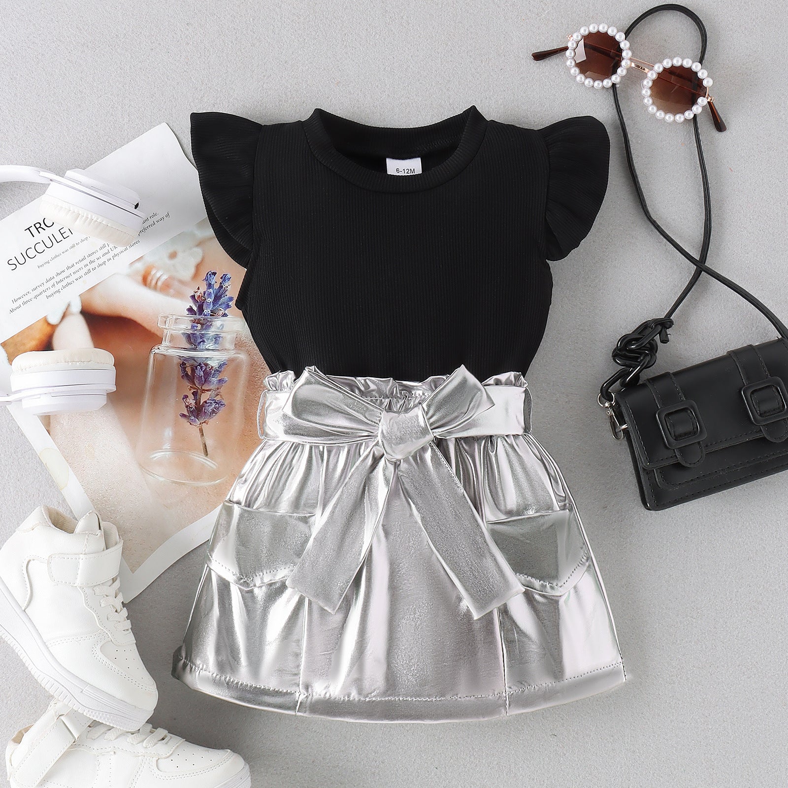 Girls' Summer Black Top Silver Skirt With Belt 2pc Set