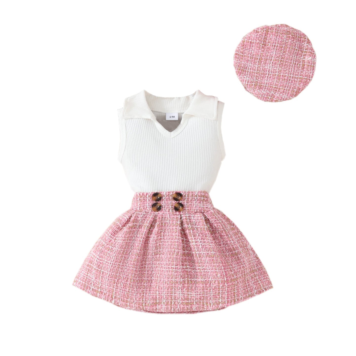 Girls' Fashion Beret Top Tartan Skirt 3pc Suit