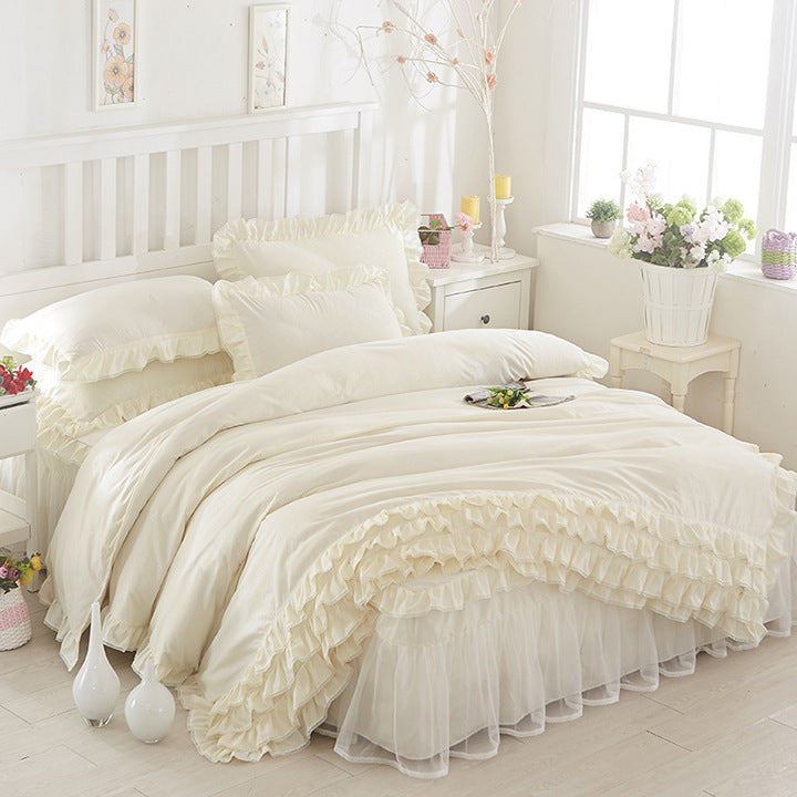 Princess Girls' Lace Bed Skirt-style, Duvet Cover 4pc Set, Solid Color Lace, Comes In Multiple Colors