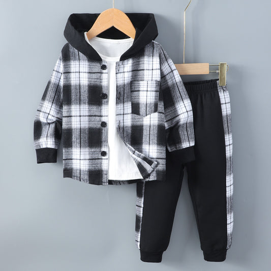 Boys' Long Sleeve Plaid Contrast Color Hoodie Two-piece Set