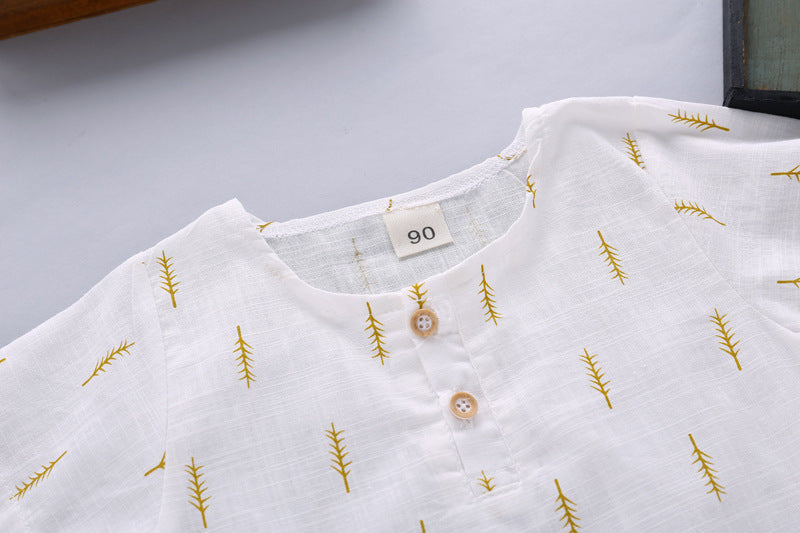 Boys' Casual Printed Cotton Linen Short Sleeved Pants Set