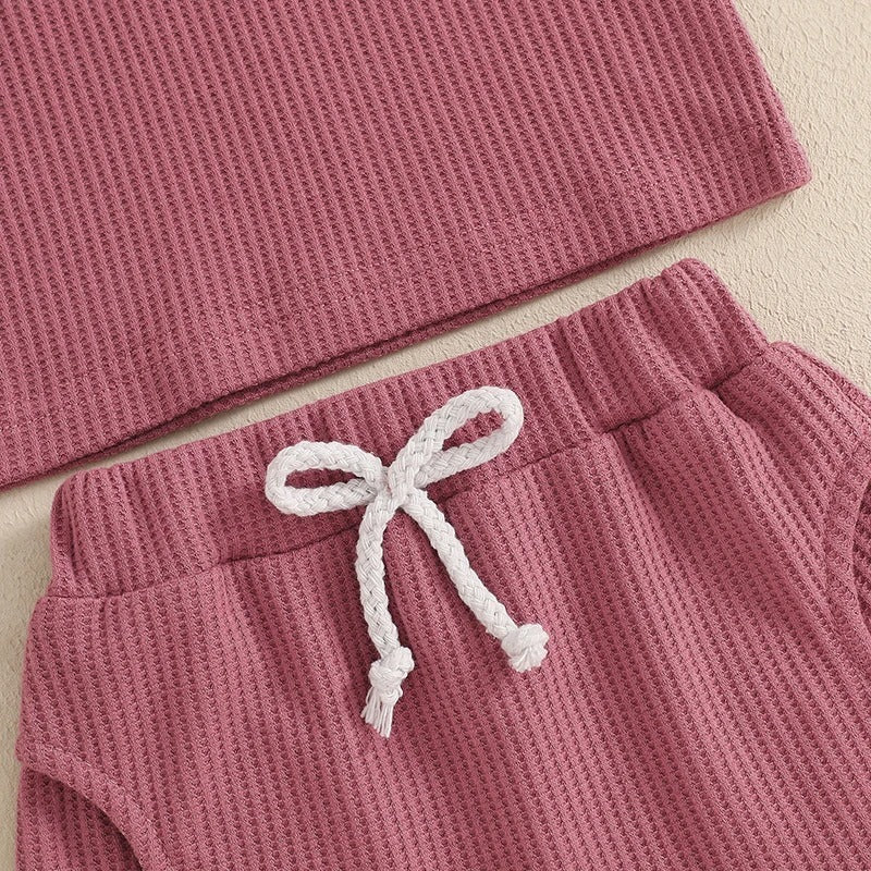 Girls' Summer Fashion Letter I Embroidery Waffle 2pc Set