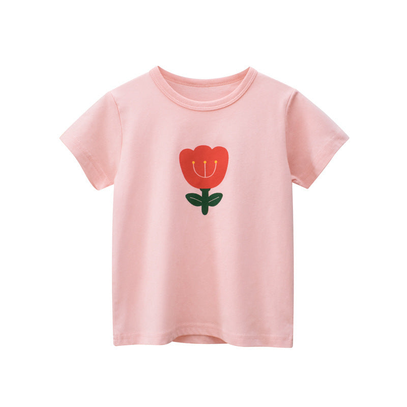 Short-sleeved T-shirt For Girls, Flower Print Top