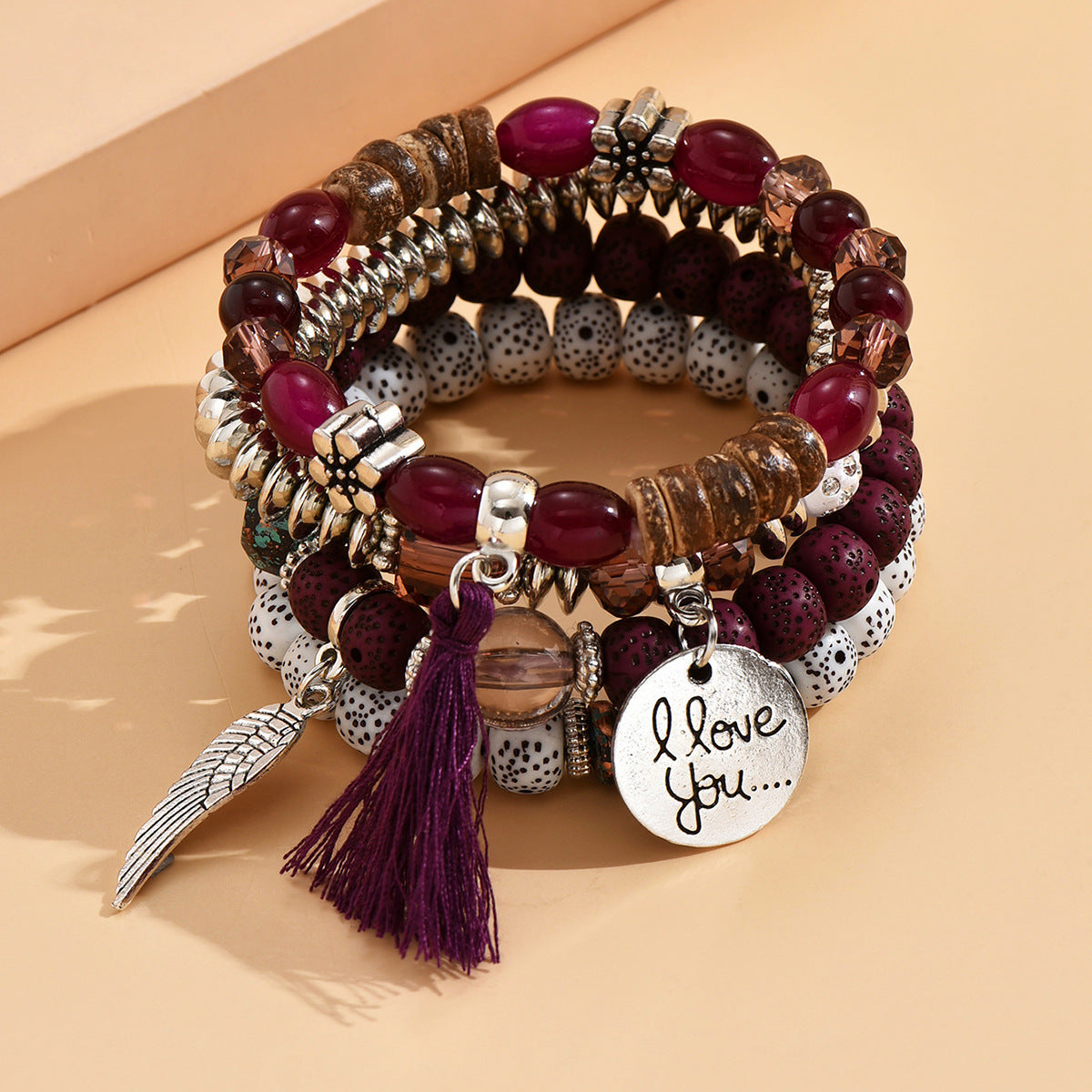 Multilayer Color-Block Turquoise Bracelet With Leaf Alloy Tassel 4-Piece Set