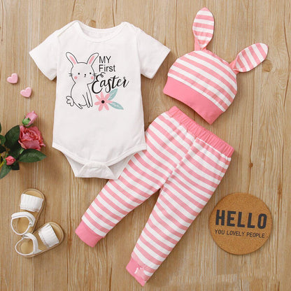 New Easter Print Rabbit Romper Three Piece Set