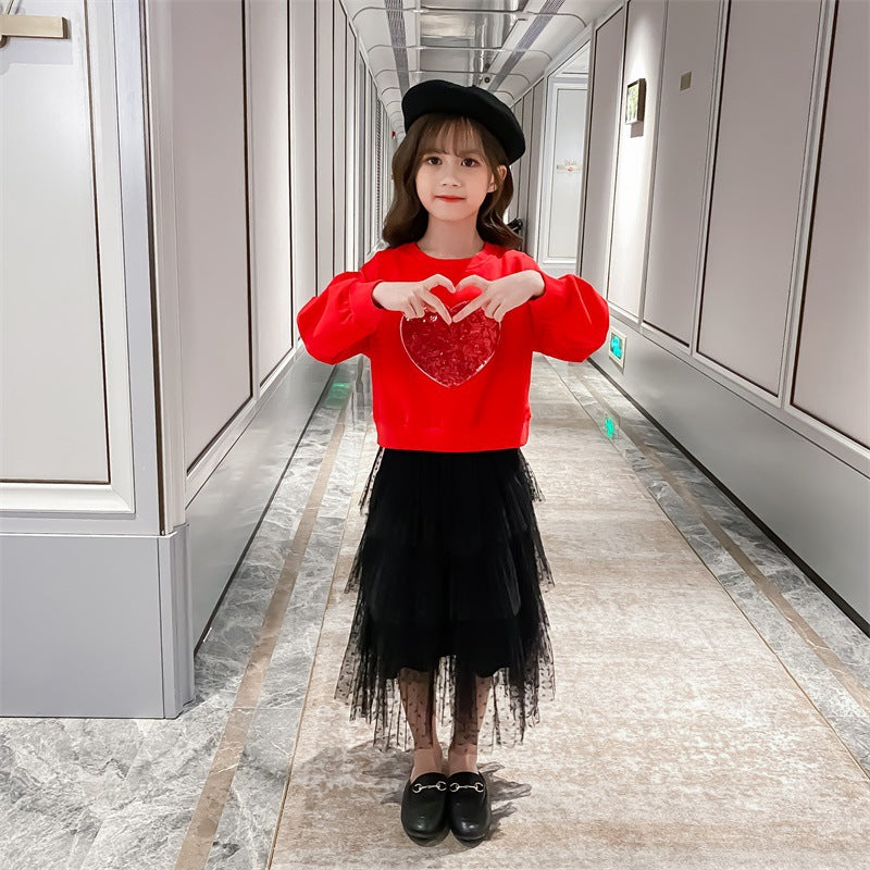 Girls' Sequin Love Pullover Fashionable Stylish Skirt