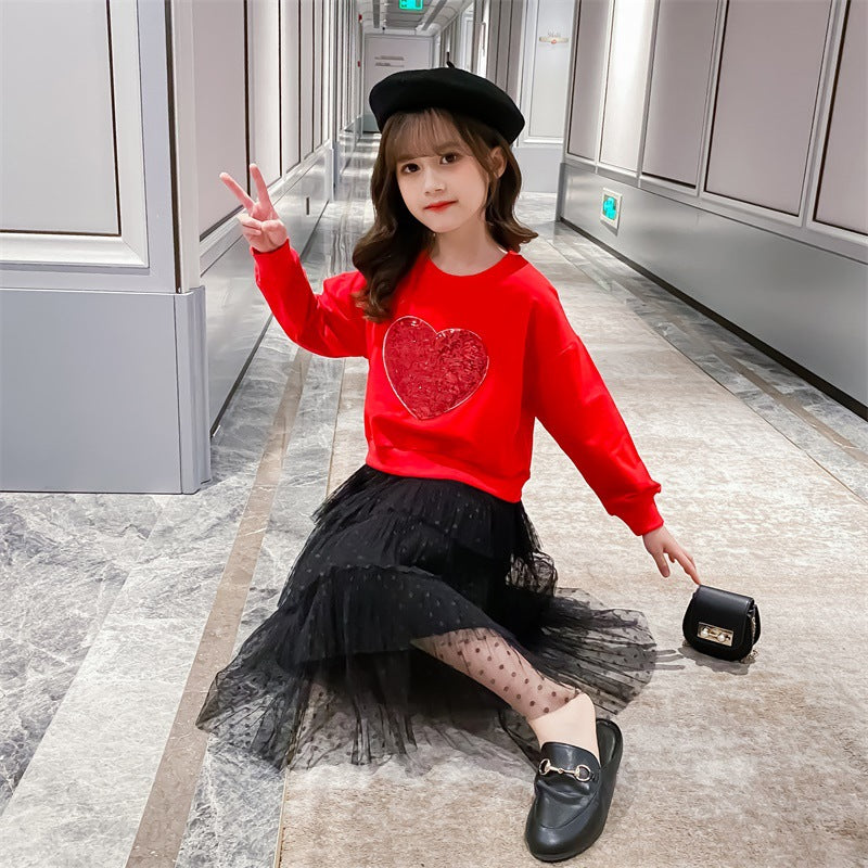 Girls' Sequin Love Pullover Fashionable Stylish Skirt