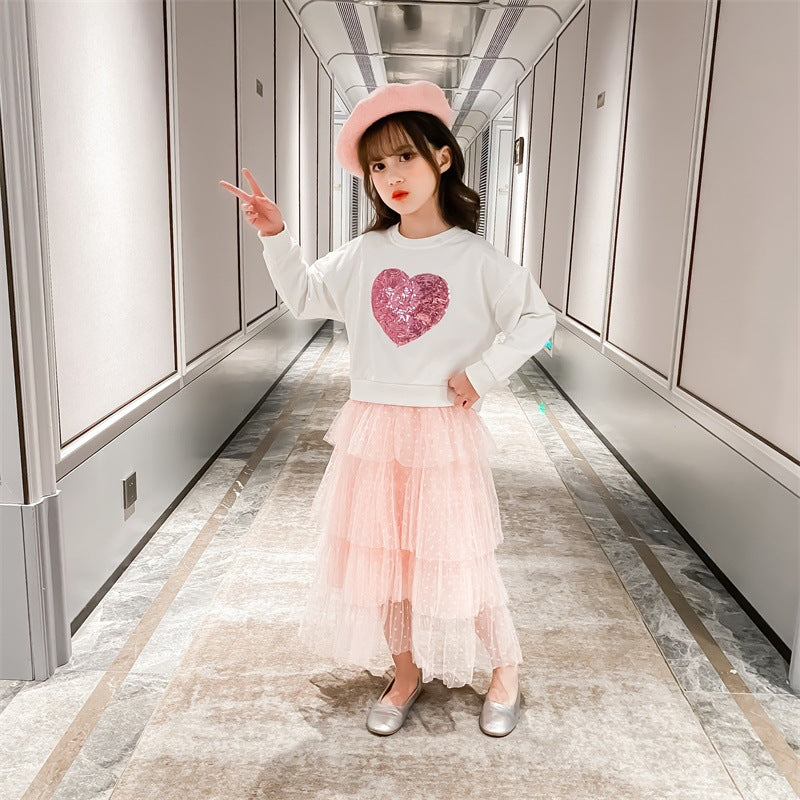 Girls' Sequin Love Pullover Fashionable Stylish Skirt