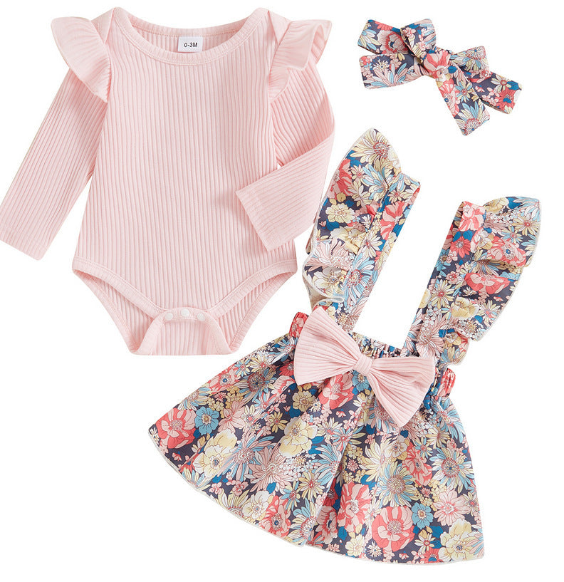 Baby Girl's Simple 3pc Onsie Bow Floral Suspender Skirt