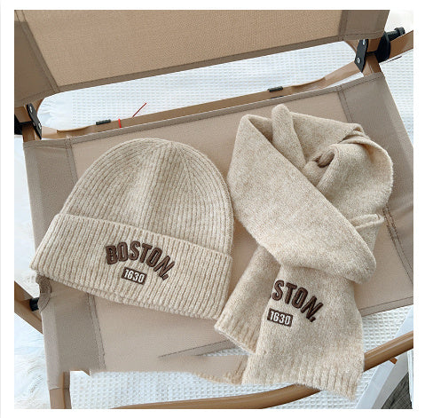 Children's Hat Scarf 2-piece Set Embroidered Letters Pure Color All-matching Autumn And Winter Warm