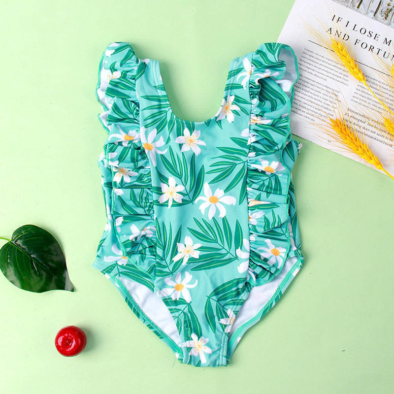 Baby/Toddler Girls' One-piece Ruffled Leaf Pattern Swimsuit