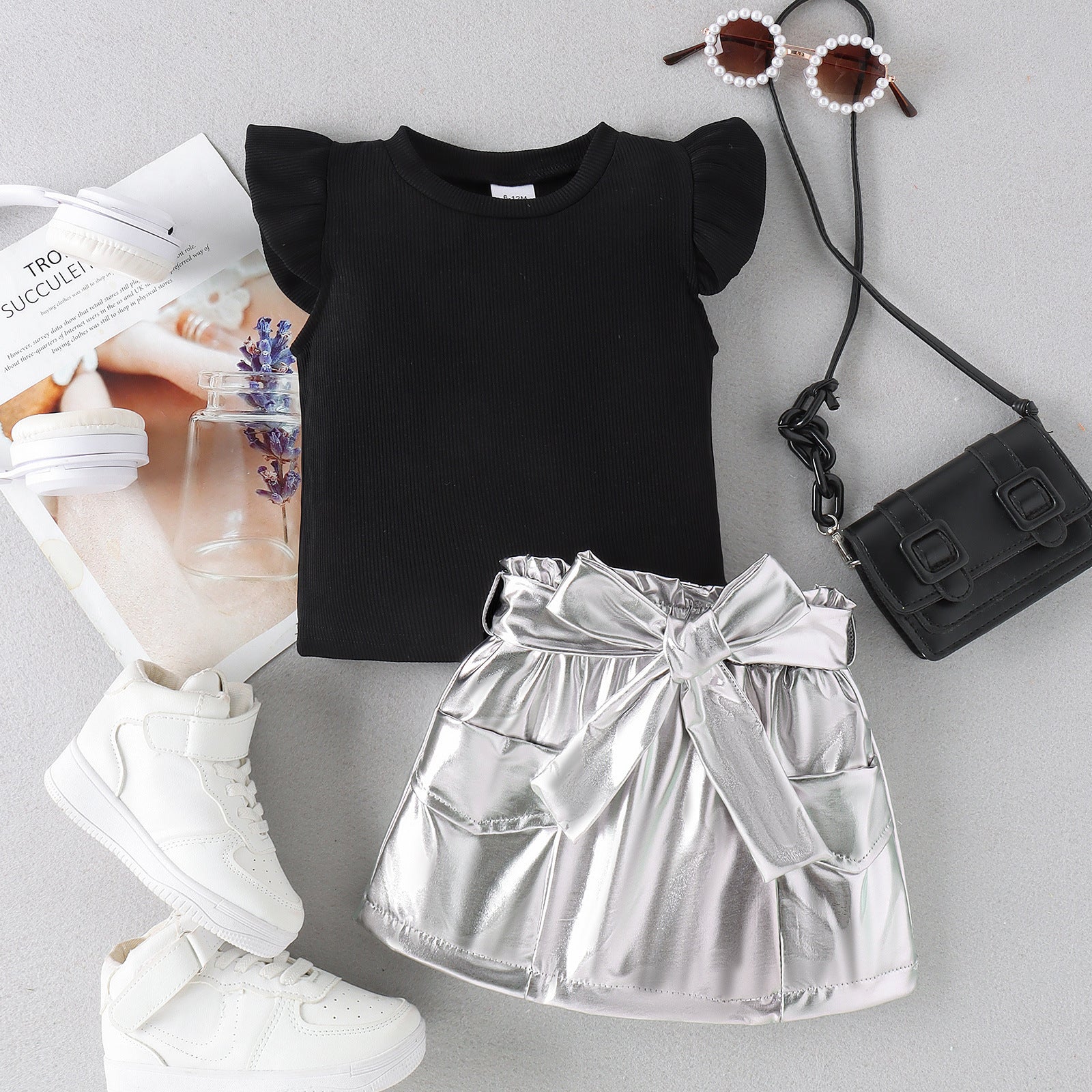 Girls' Summer Black Top Silver Skirt With Belt 2pc Set