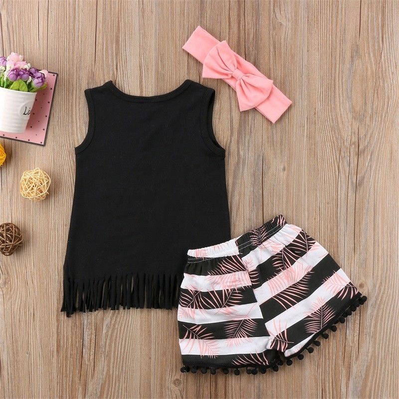 Printed Fringed Hem Tank Top, Shorts & Headband 3pc Set