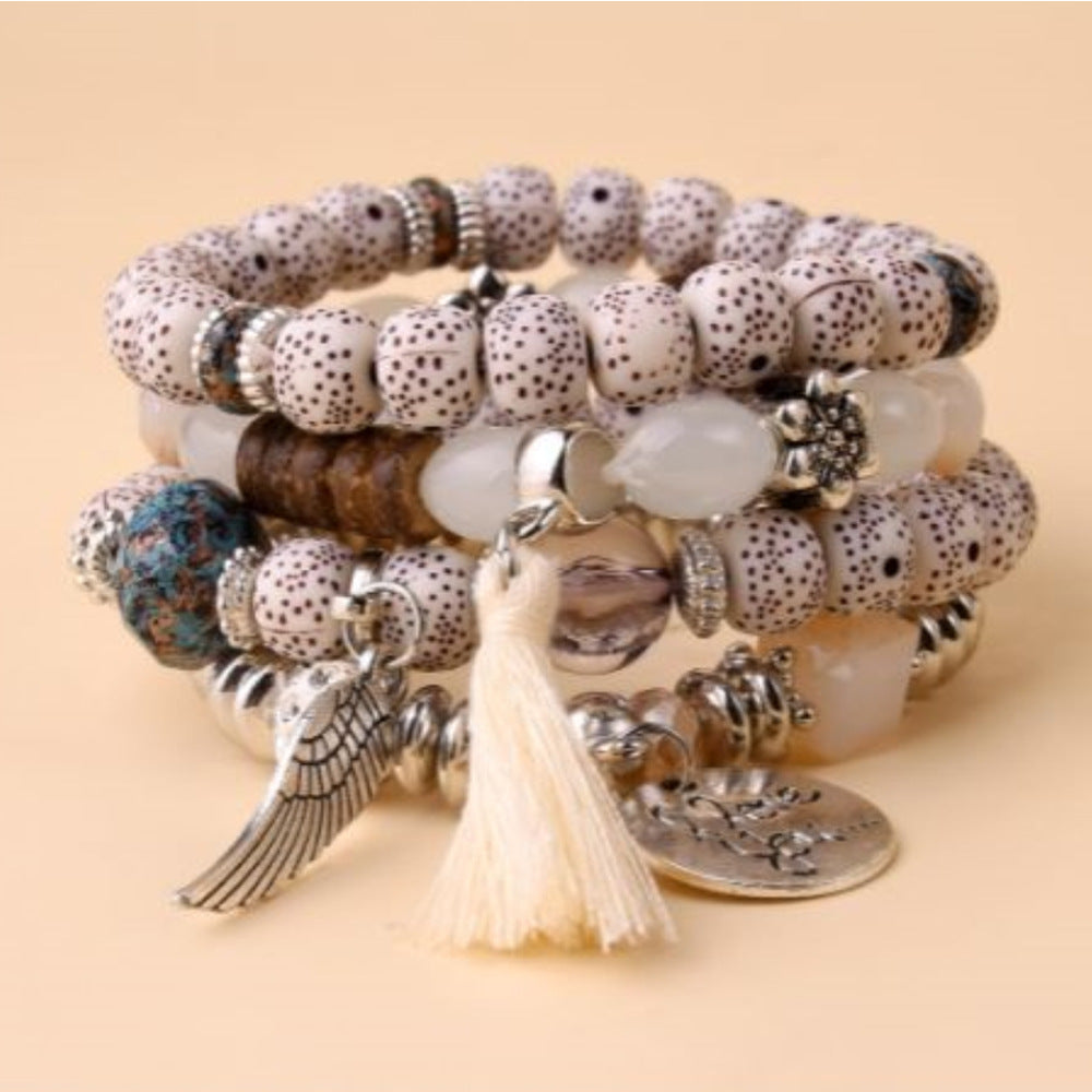 Multilayer Color-Block Turquoise Bracelet With Leaf Alloy Tassel 4-Piece Set