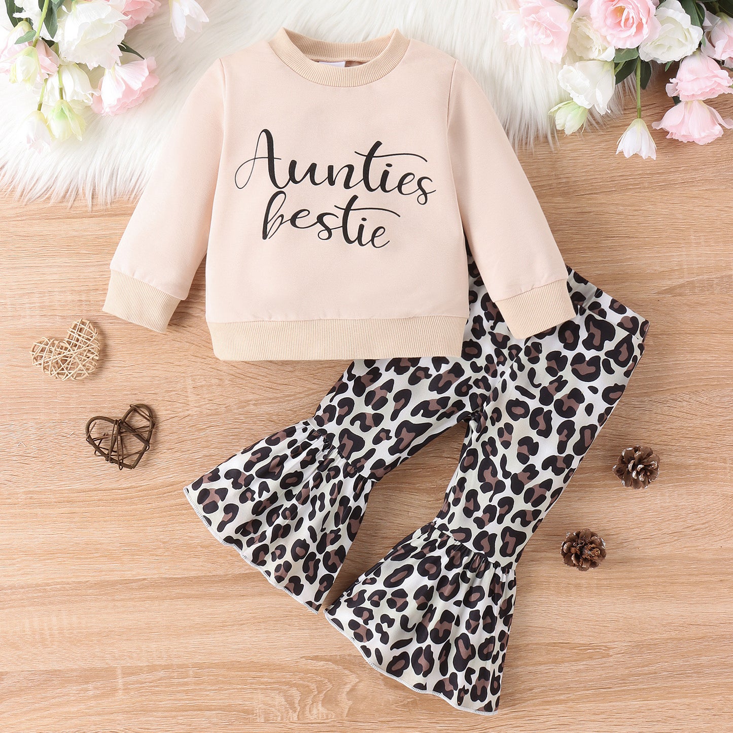 Baby/Toddler Girls' Sweater Top Leopard Print Bell-bottom Pants 2pc Set