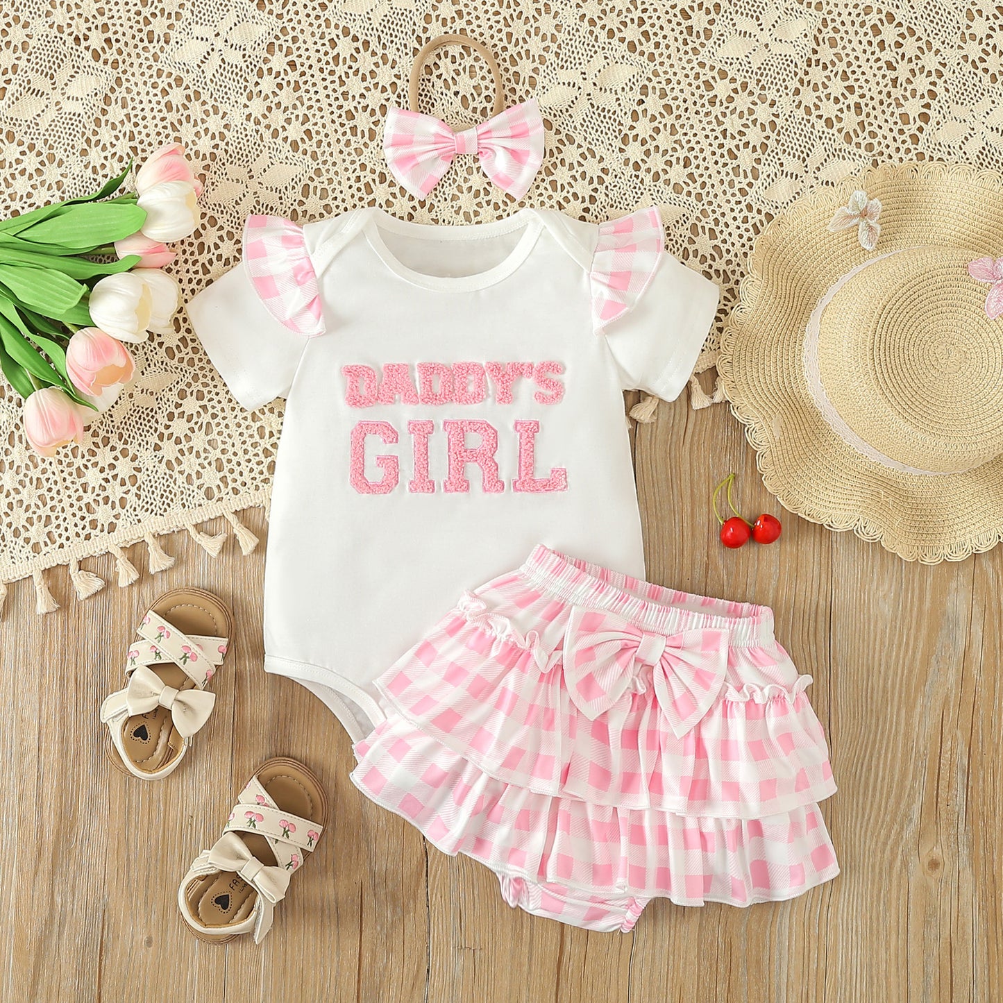 Girls Summer Letter T-shirt Plaid Short Skirt 3pc Set