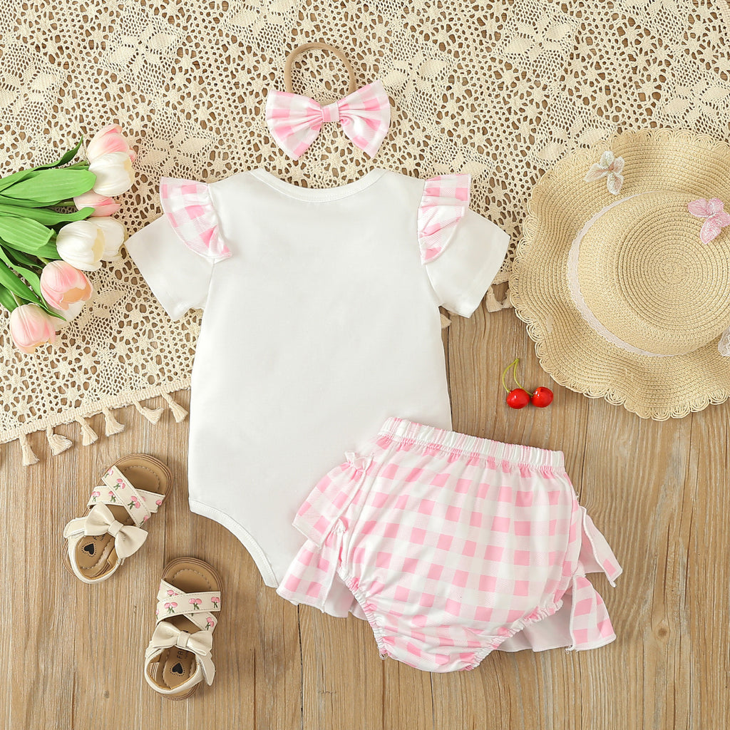 Girls Summer Letter T-shirt Plaid Short Skirt 3pc Set