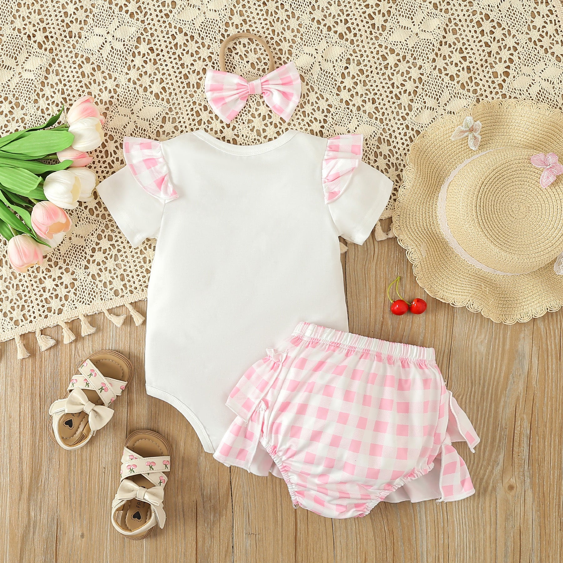 Girls Summer Letter T-shirt Plaid Short Skirt 3pc Set
