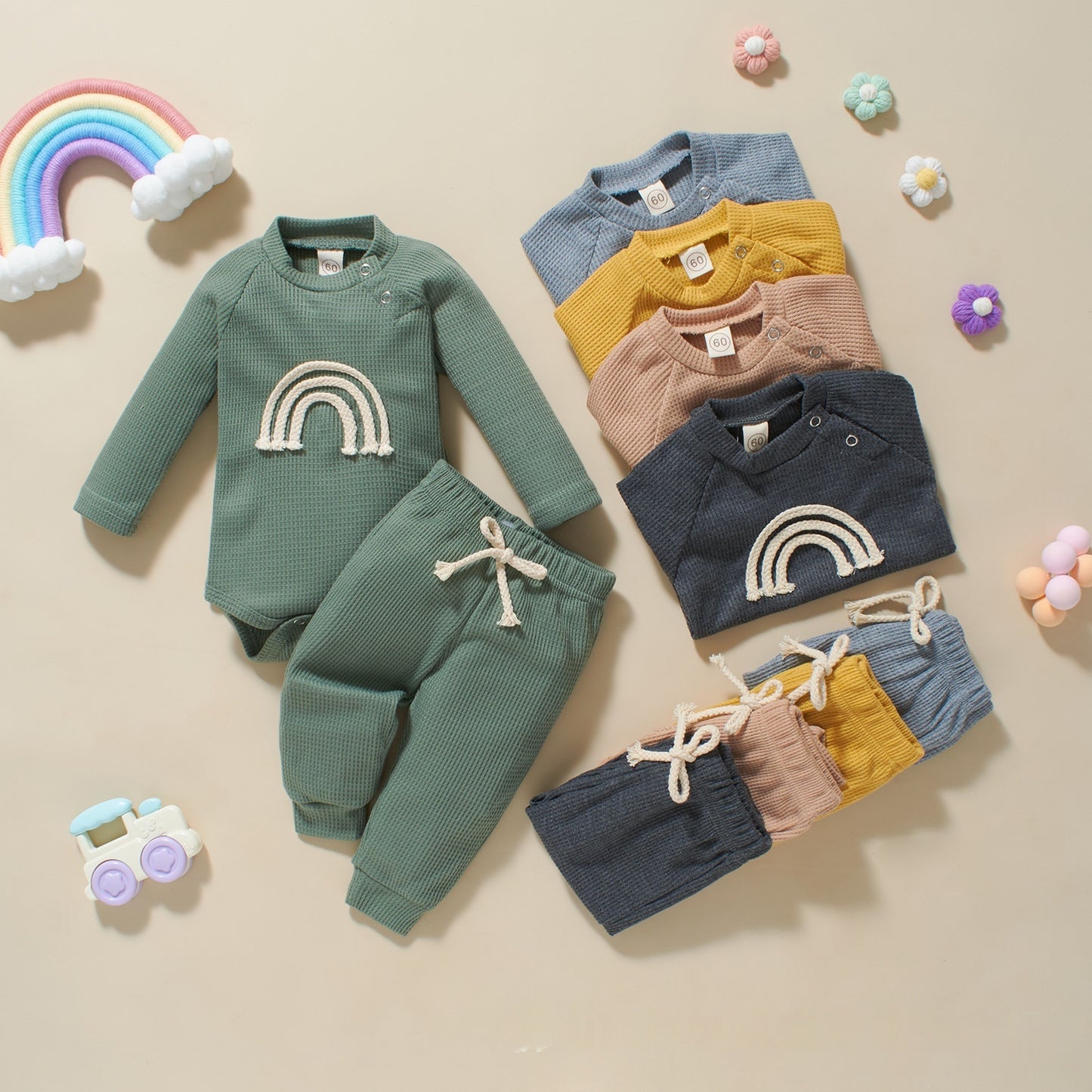 Autumn And Winter Infant Toddler Five-color Embroidered Rainbow Onesie Two-piece Set