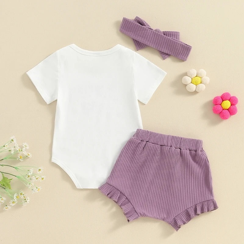 Girls' Letter Print Short-sleeve Onesie Shorts Headboard 3pc Set