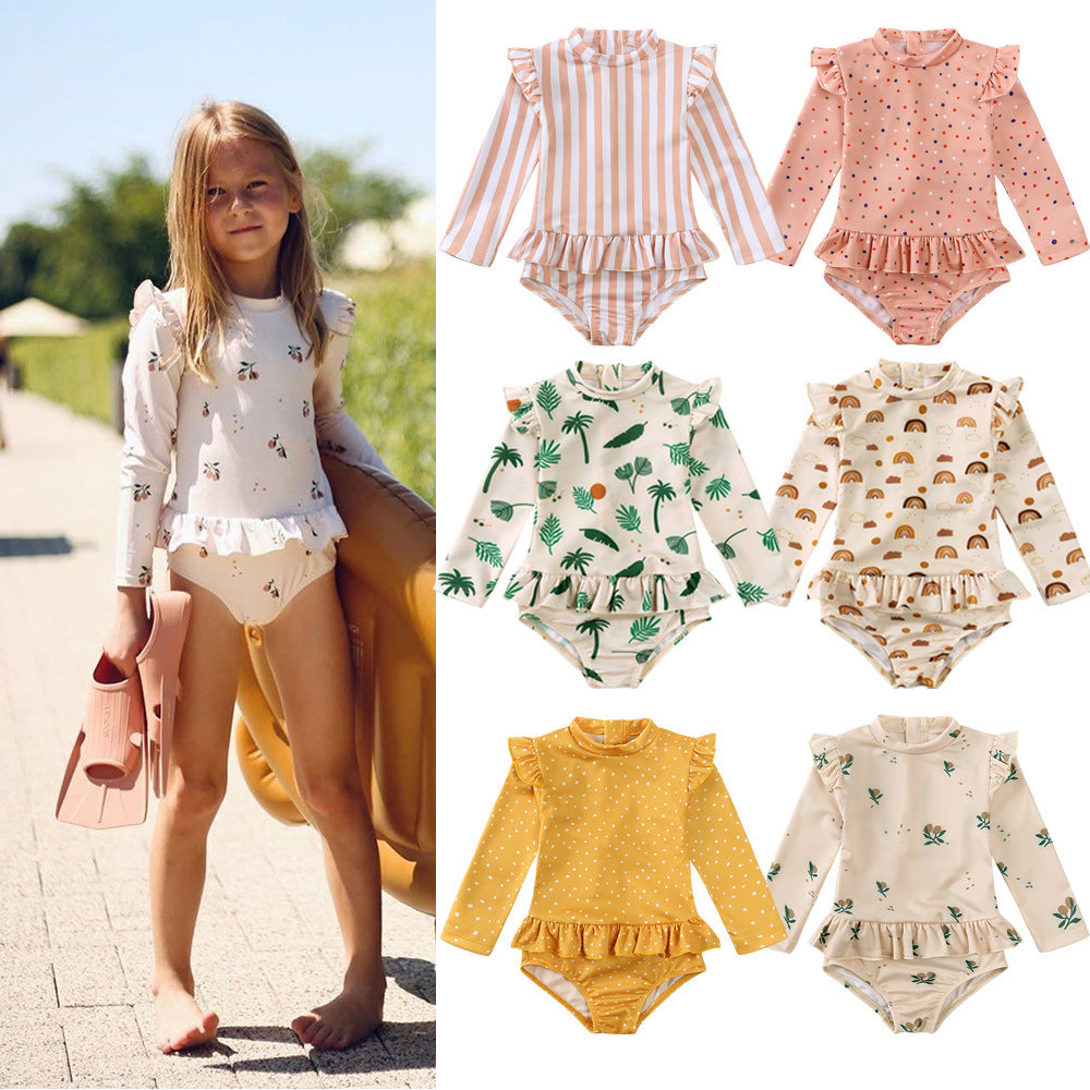 Girls' Floral Fresh Long-sleeved Quick-drying One-piece Swimsuit