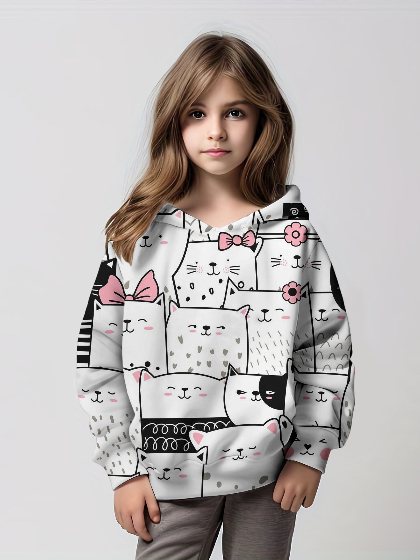 Girls' Cartoon Cat Hoodie Long-sleeved Sweater